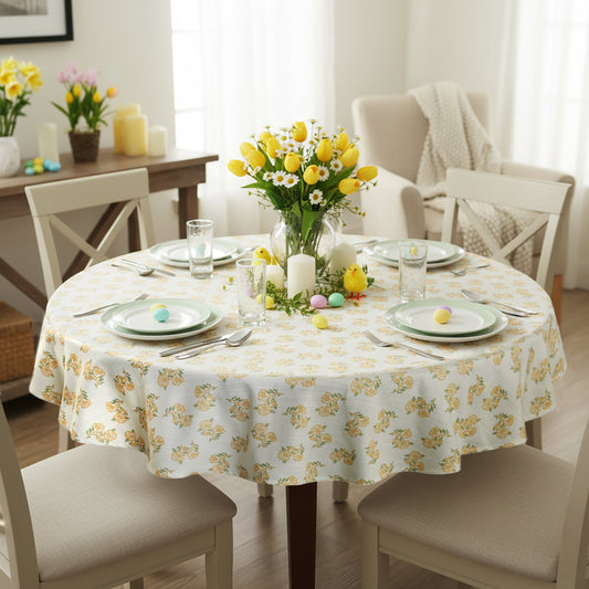 Easter Block Print 70" Round Tablecloth - 100% Cotton, Multi-color