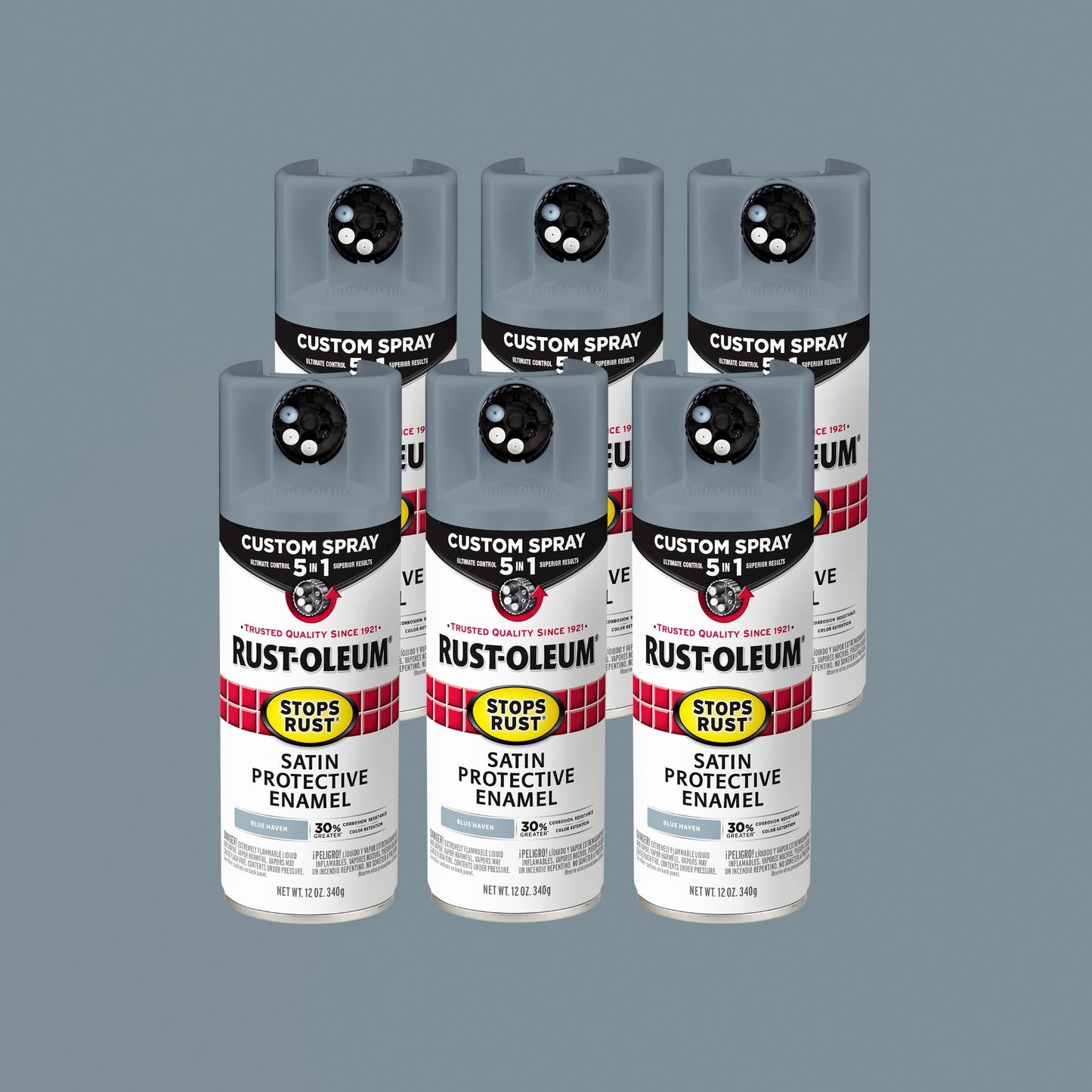 6 Pack, Blue Haven, Rust-Oleum Stops Rust Custom Spray 5 in 1 Satin Spray Paint-383423, 12 oz