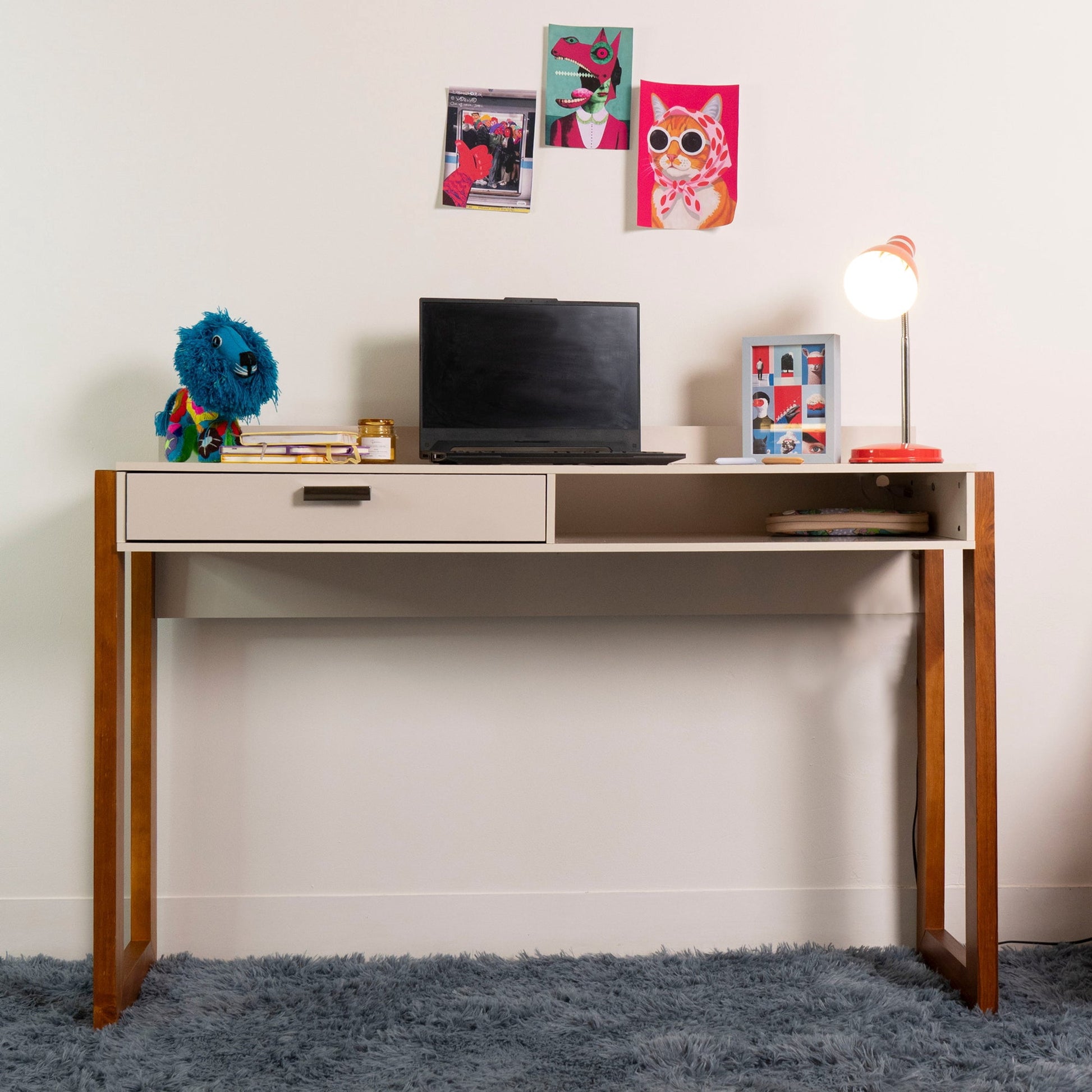 Boahaus Dalton Desk White with Drawer and USB Charging Port, Small Home Office Desk