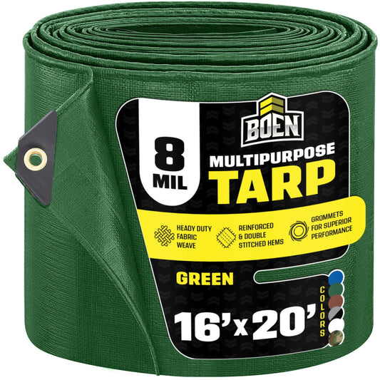 BOEN 16 x 20 ft 8 Mil Green Tarp, Medium Duty Waterproof Tarp