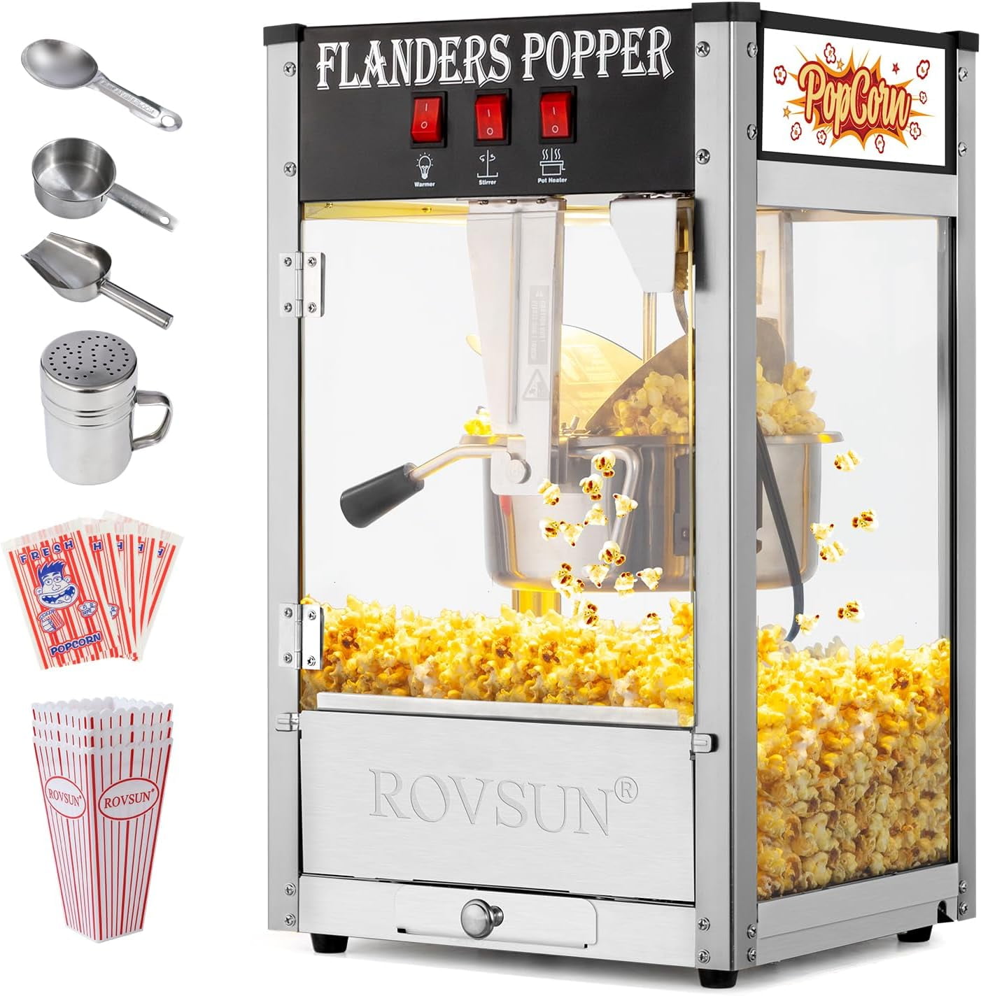 Bonnlo Movie Theater Style Popcorn Machine with 8 Ounce Kettle Makes Up to 32 Cups, Countertop Popcorn Maker with Stainless Steel Popcorn Scoop, Oil Spoon & 3 Popcorn Cups for Commercial Home, Red