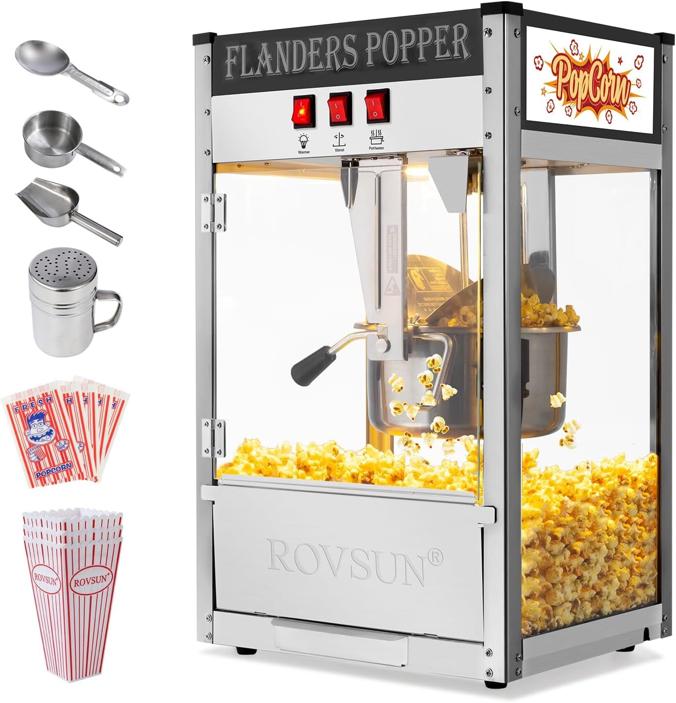 Bonnlo Popcorn Machine Movie Theater Style with 10 Ounce Kettle Makes Up to 4 Gallons, Countertop Popcorn Maker w/Stainless Steel Popcorn Scoop, Oil Spoon & 3 Popcorn Cups for Commercial Home, Black
