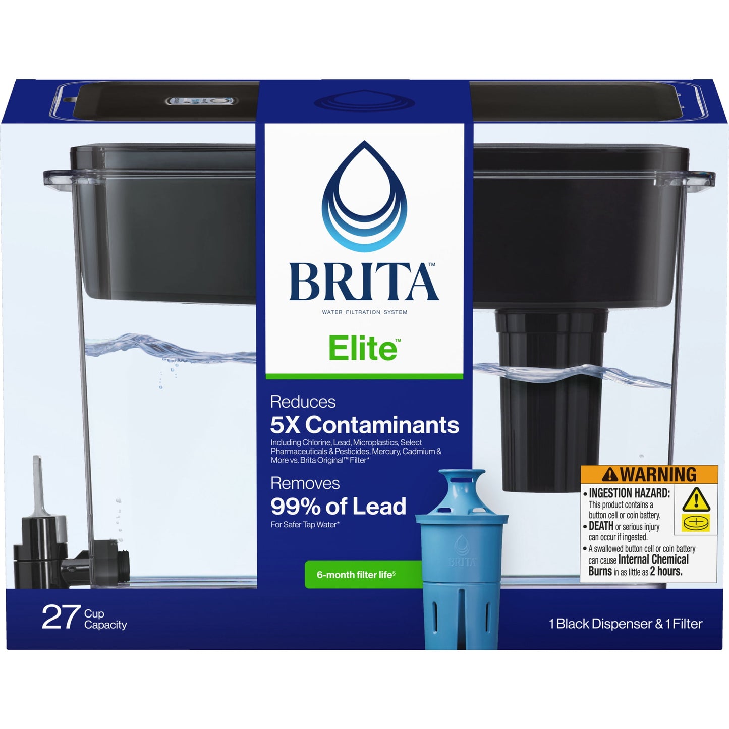 Brita Dispensador de Agua Filtrada Negra Extra Grande Ultramax de 27 Tazas con 1 Filtro Elite