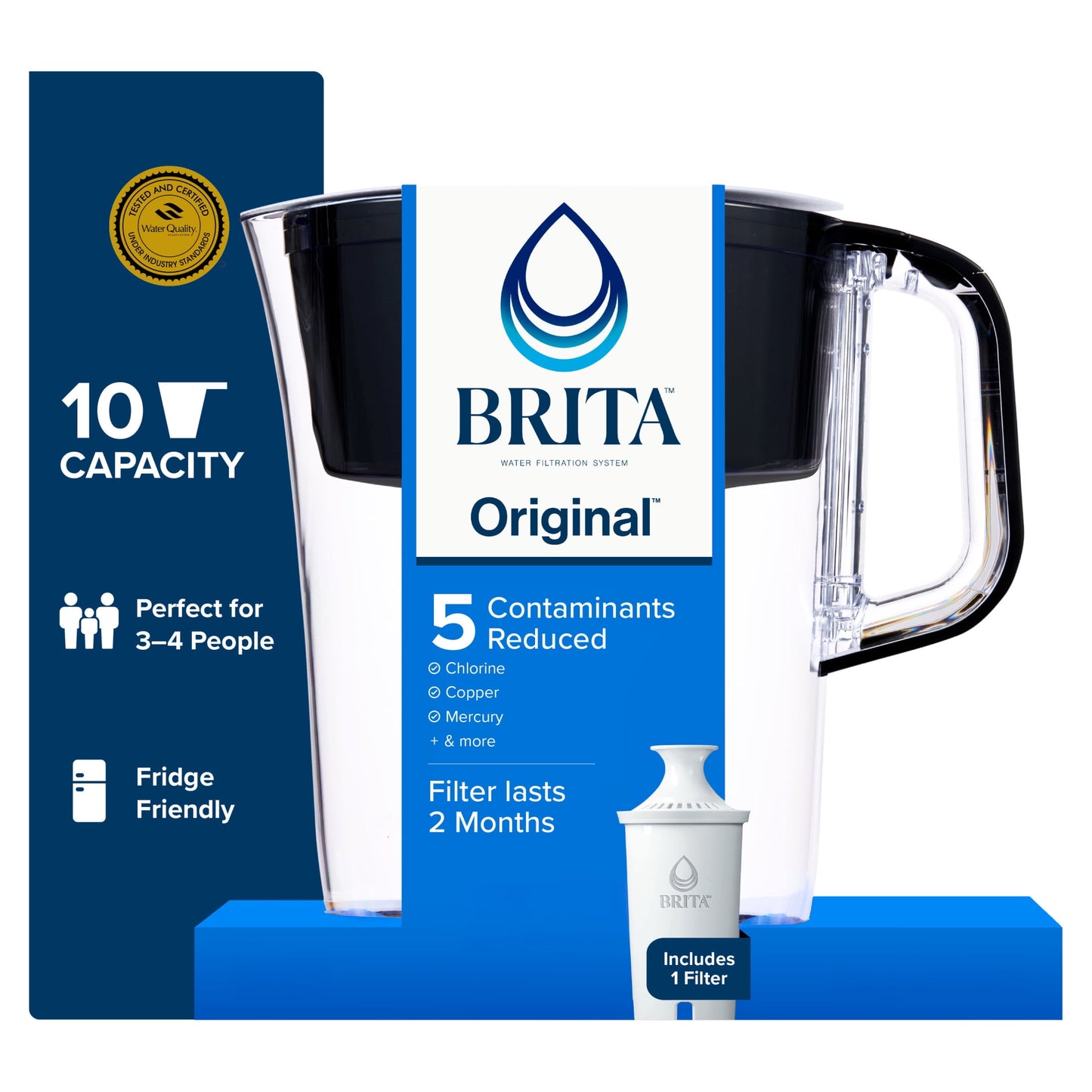 Brita 10 Cup Large Plastic Water Filter Pitcher, Black, BPA Free with 1 Standard Brita Filter