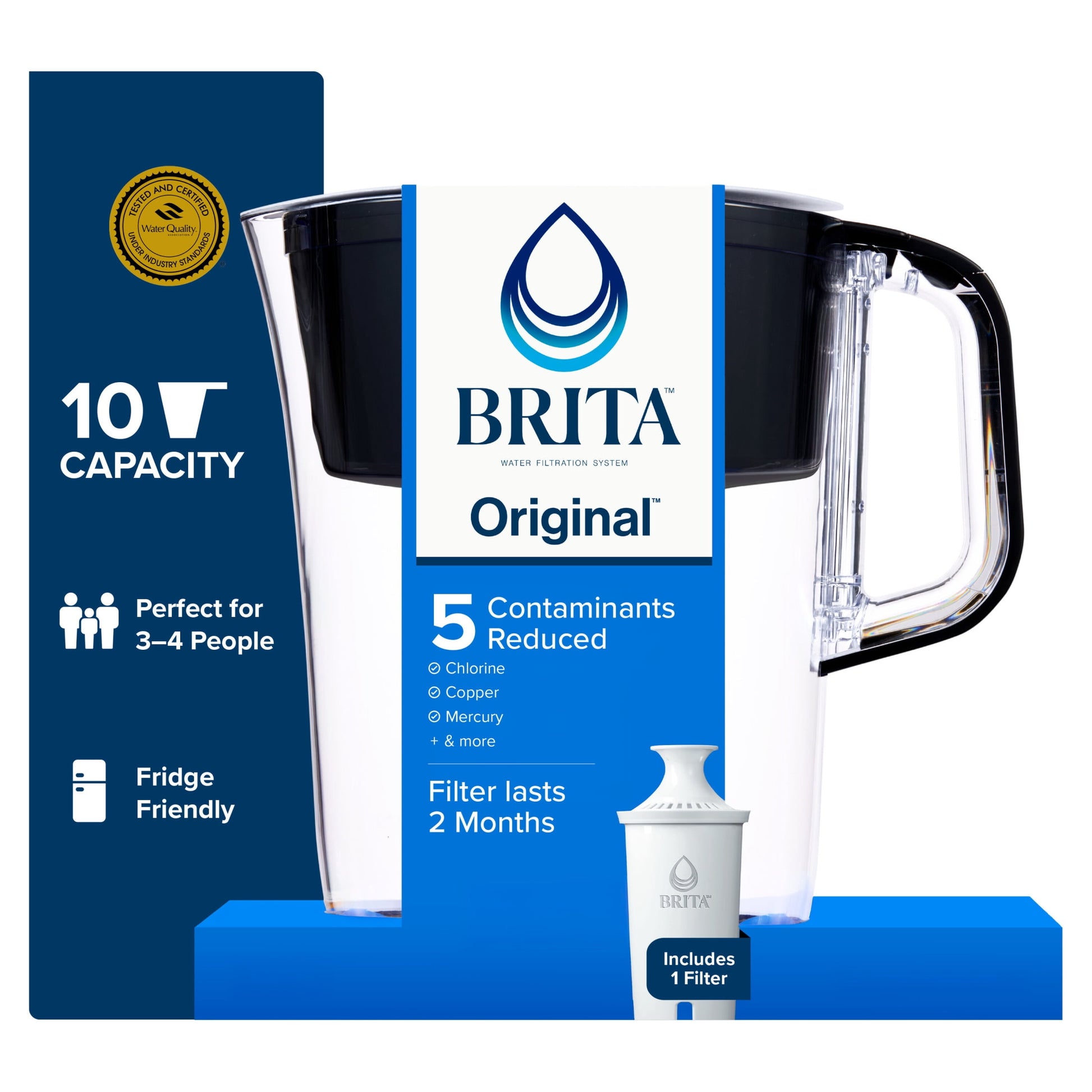 Brita 10 Cup Large Plastic Water Filter Pitcher, Black, BPA Free with 1 Standard Brita Filter