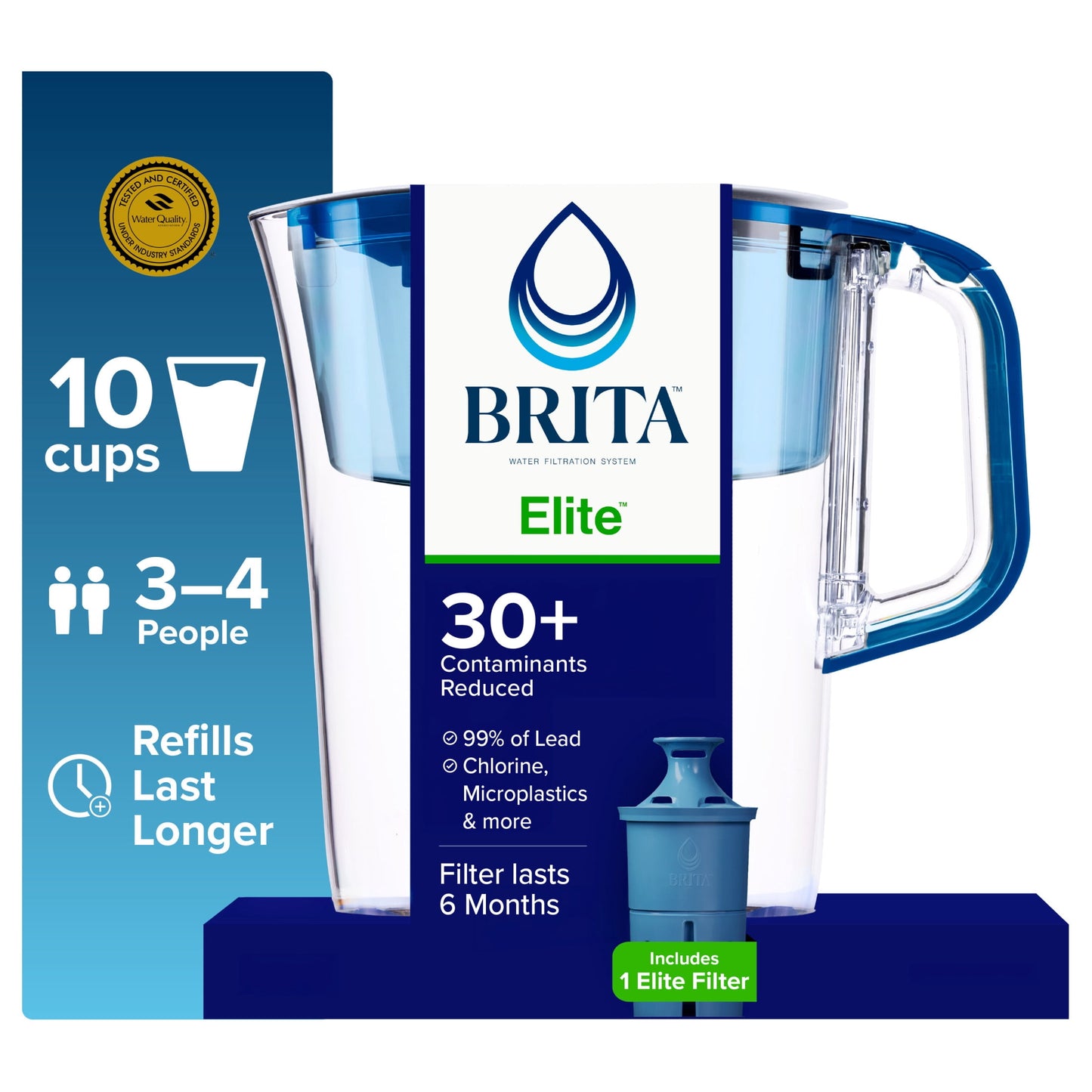 Brita Elite 10-Cup, Blue Plastic Water Filtration Pitcher, Reduces Lead