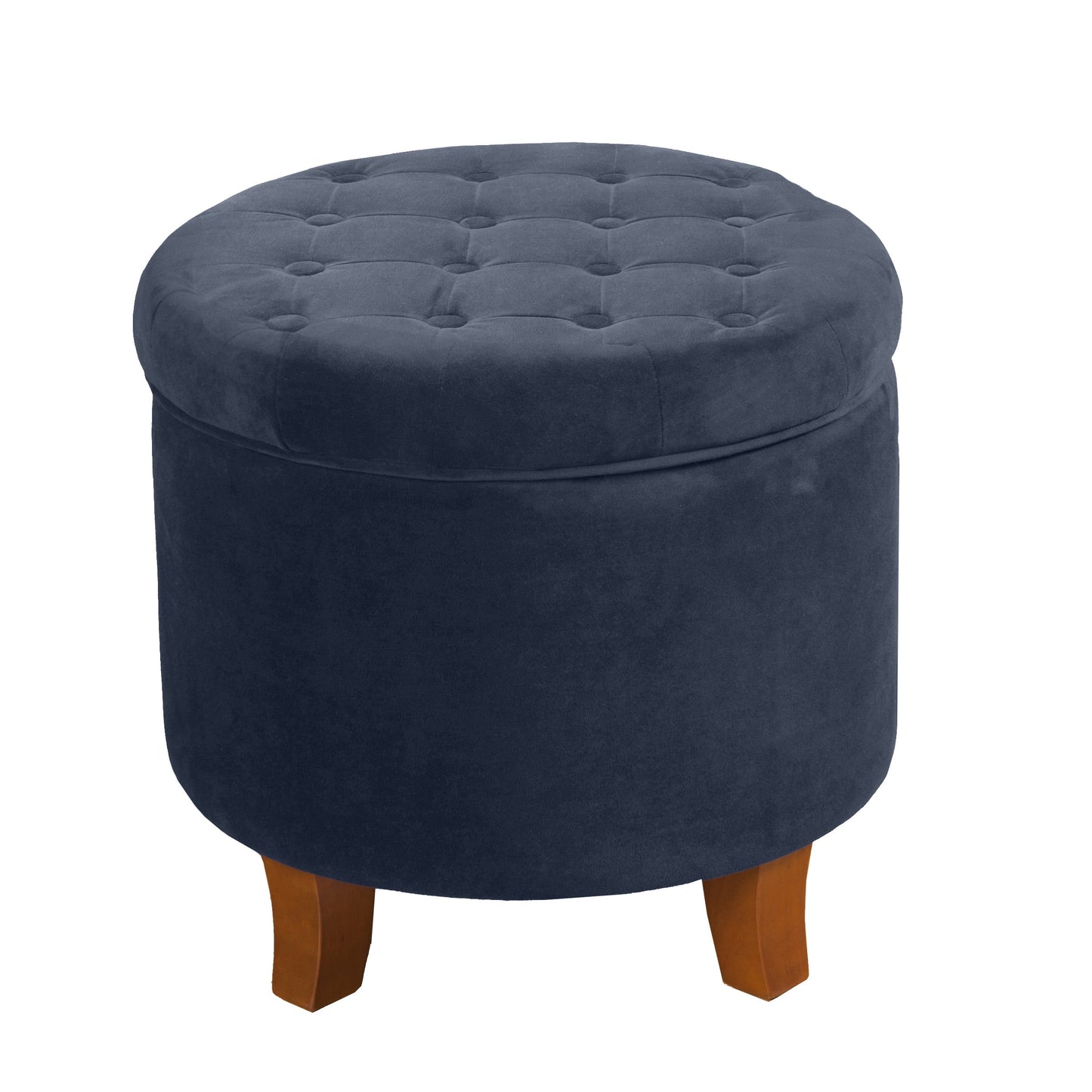 Button Tufted Velvet Upholstered Wooden Ottoman with Hidden Storage Dark Blue and Brown - Saltoro Sherpi