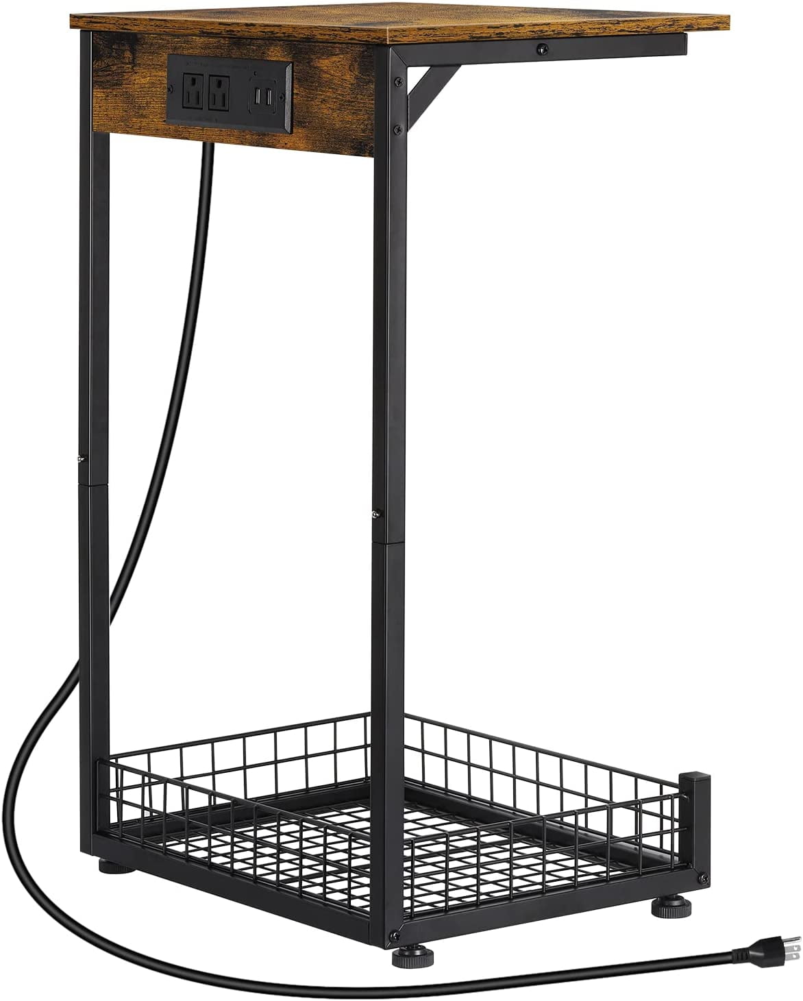 C-Shaped End Table with Charging Station and USB Ports, with Storage Basket and Rustic Brown Wood Top