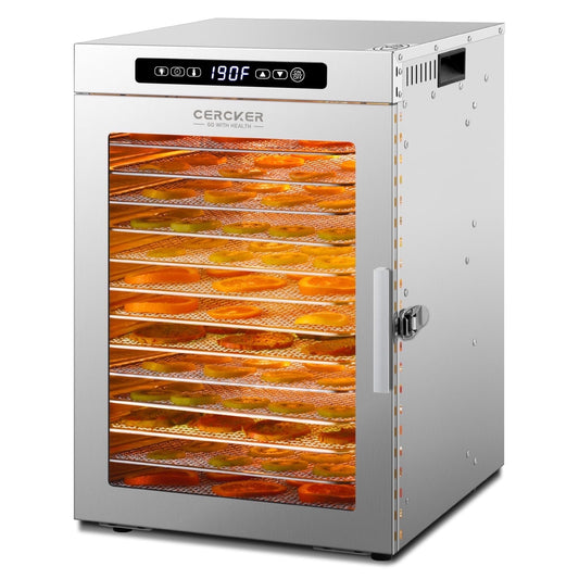 CERCKER Food-Dehydrator Machine 14 Trays, 1200W Meat Dehydrator Machine, 190°F Temperature Control, Stainless Steel Food Dryer for Jerky 24H Timer