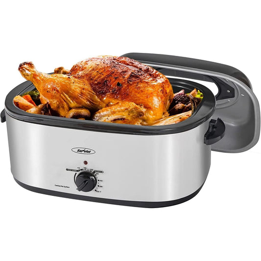 ZYSF Roaster Oven, Electric Roaster Oven with Viewing Lid, 30lb 26-Quart Turkey Roaster with Unique Defrost/Warm Function, Large Roaster with Removable Pan & Rack, Stainless Steel, Silver