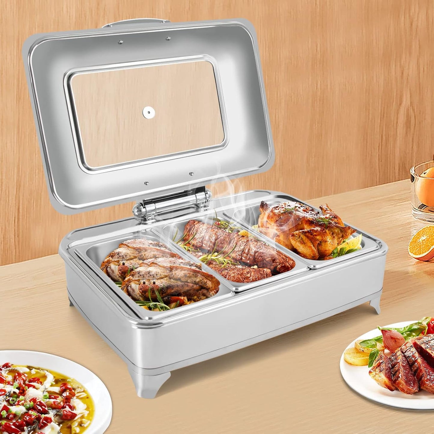 CNCEST Buffet Food Heater, Buffet Service Heating Tray Stainless Steel Hot Tray With Visual Lid 3 Grids 9l Temperature Adjustable Electric Heating Plate Food Heater 1/3