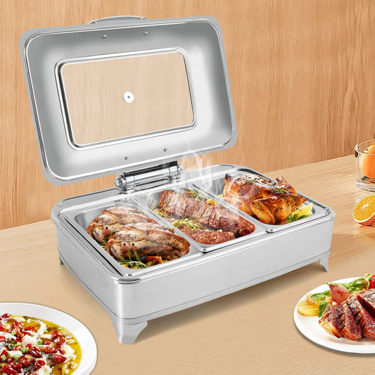 CNCEST Buffet Food Heater, Buffet Service Heating Tray Stainless Steel Hot Tray With Visual Lid 3 Grids 9l Temperature Adjustable Electric Heating Plate Food Heater 1/3