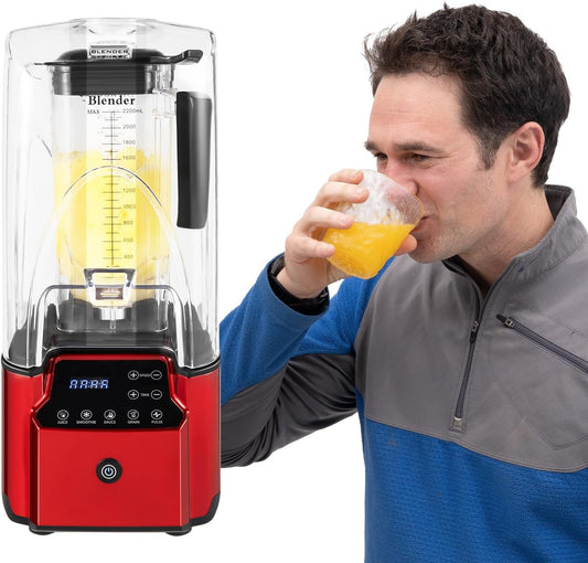 CNCEST Professional Commercial Smoothie Blender with Shield Quiet Sound Enclosure,2200W Industries Quiet Professional-Grade Power,8 Speeds and 4-180S Time Adjustment,Self-Cleaning (2.2L Red)
