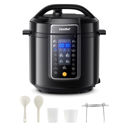 COMFEE’ 9-in-1 Electric Pressure Cooker 13 Presets Instant Multi Cooker Olla de Presion Slow Cooker Rice Cooker Steamer Sauté Yogurt Maker Non-Stick Pot 6 Quart Black, Aluminum