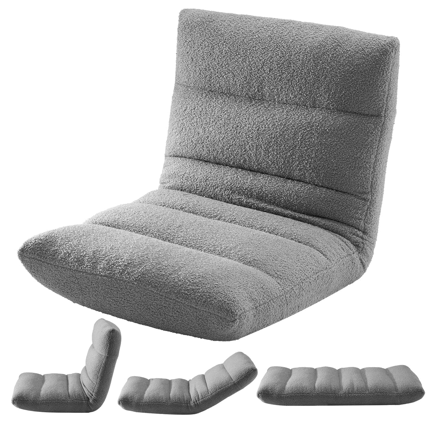 CONCETTA 14-Position Adjustable Floor Chair with Memory Foam, Folding Gaming Chair & Sleeper Bed, Grey