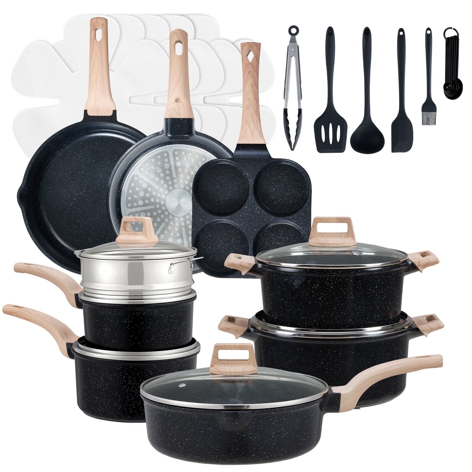 CONCETTA 25 Piece Nonstick Ceramic Cookware Set, Black Granite Induction Pots and Pans with Stay-Cool Handles & Lids, Healthy Kitchen Cooking Set