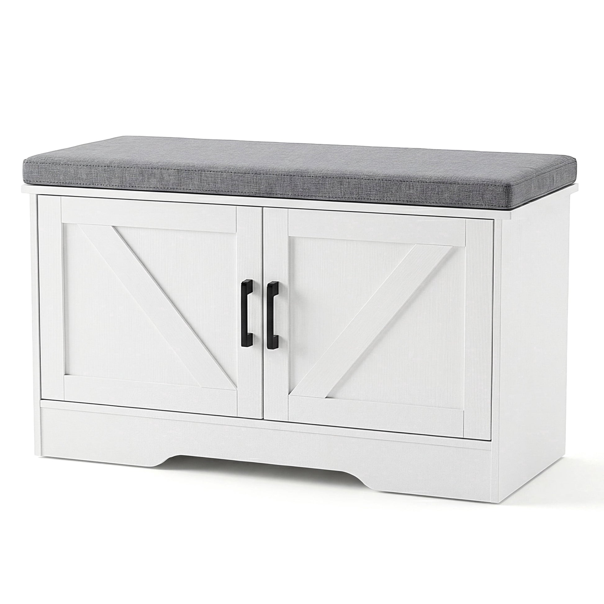 CONCETTA 47 Inch Width White Storage Bench, Padded Seat Entryway Shoe Bench Featuring 4 Barn Doors and Adjustable Storage Shelf