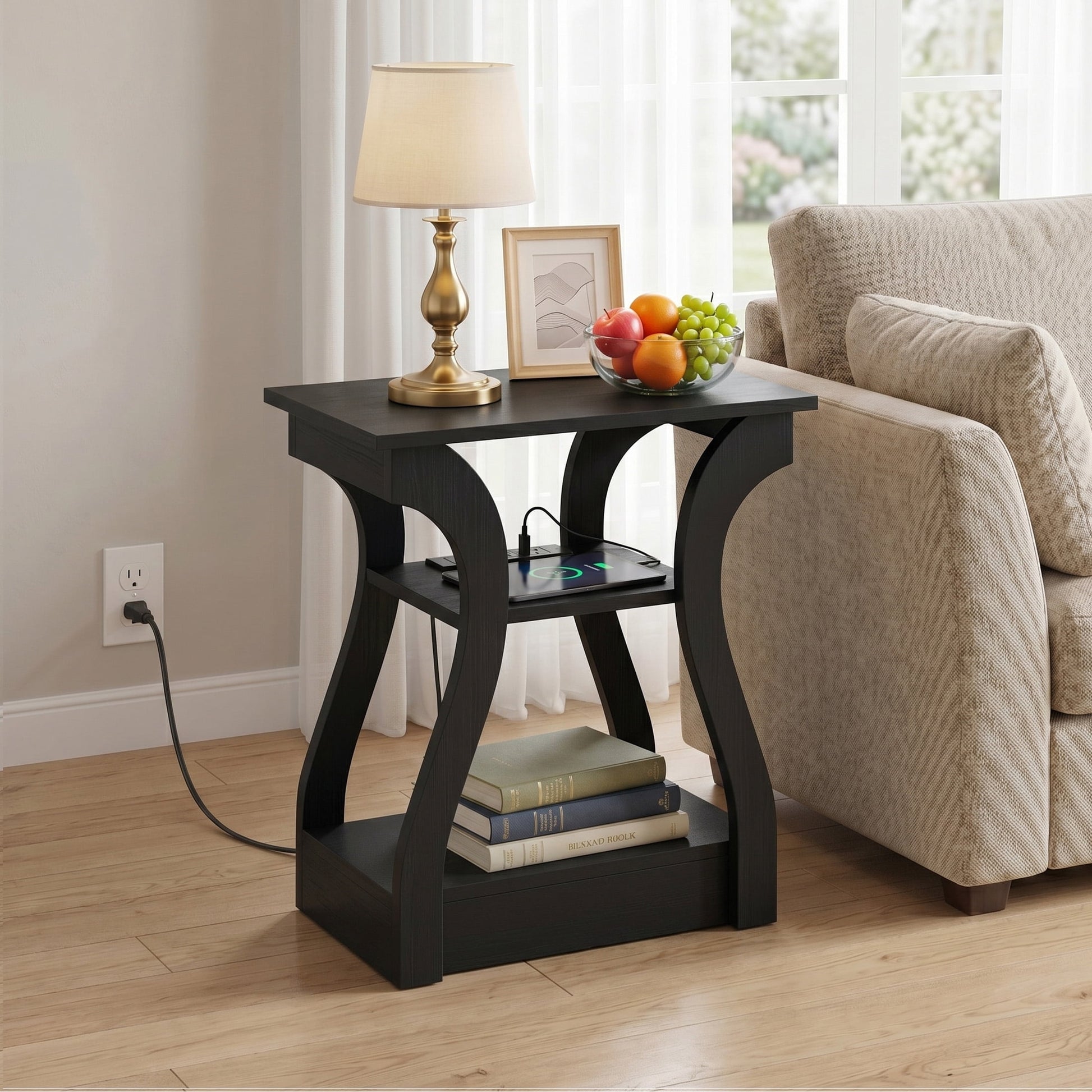 CONCETTA 3-Tier End Table with Charging Station, Slim Side Table with USB Ports & Outlets, Modern Nightstand for Small Spaces, Living Room, Bedroom, Black