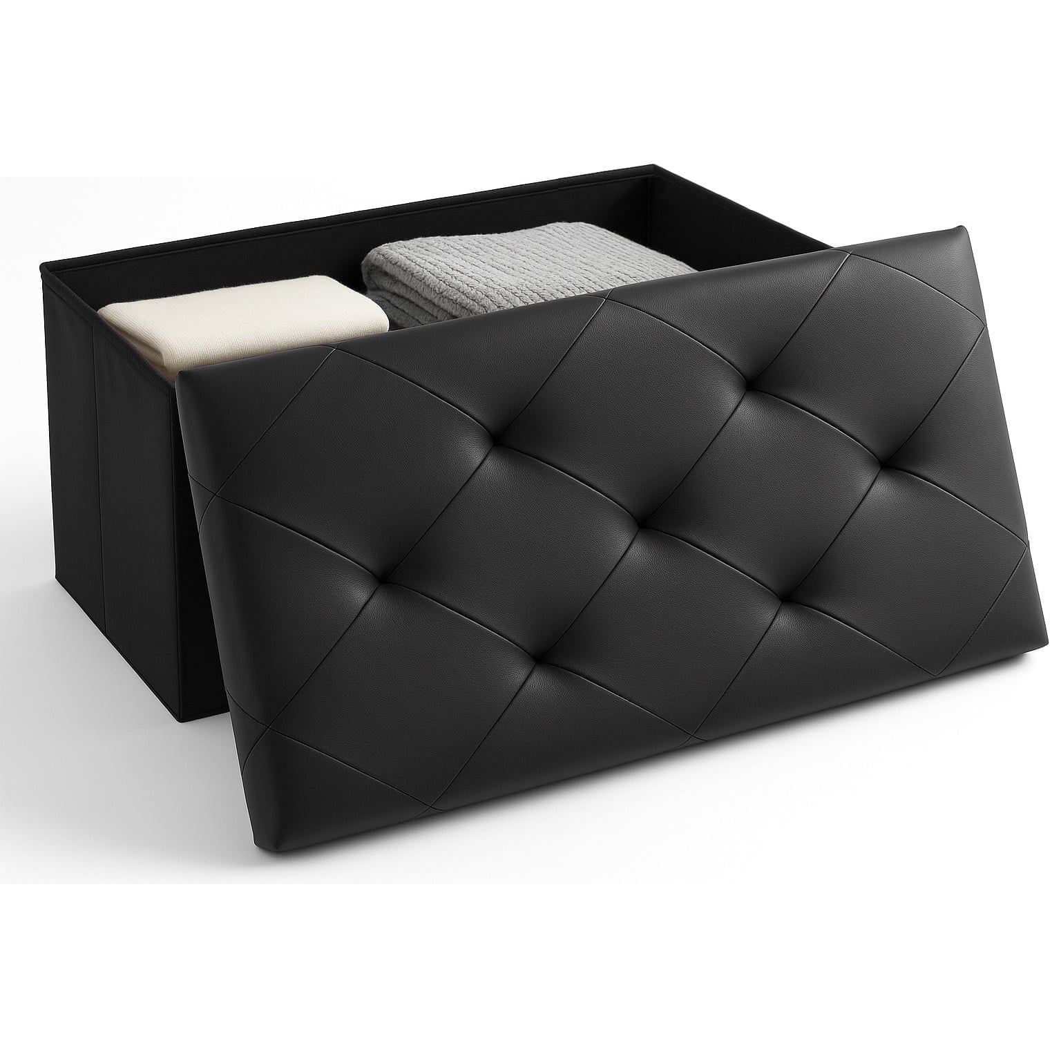 CONCETTA 30" Storage Ottoman â€“ Foldable Faux Leather Stool with Storage, 660 lb Capacity, for Bedroom, Living Room, Entryway, Black