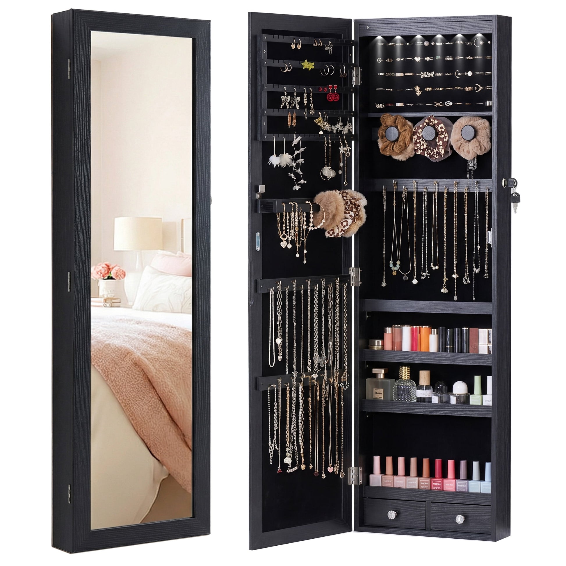 CONCETTA 47" Full-Length Mirror Jewelry Cabinet with Auto LED Lights, Wall-Mounted or Door-Hanging Organizer,Black
