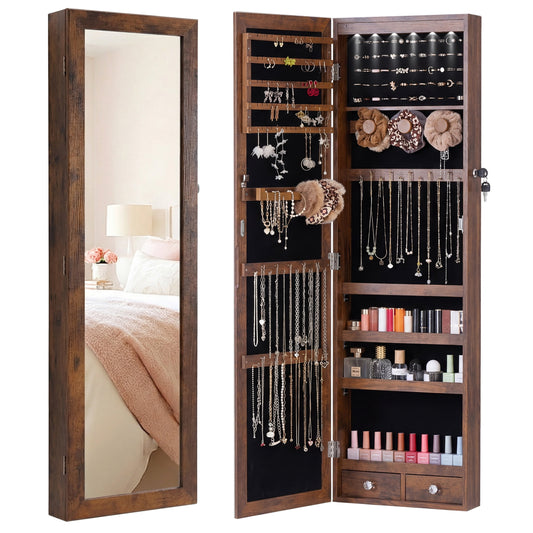 CONCETTA 47" Full-Length Mirror Jewelry Cabinet with Auto LED Lights, Wall-Mounted or Door-Hanging Organizer,Rust