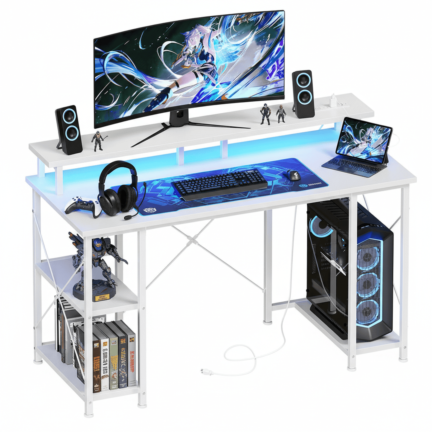 CONCETTA 48" Computer Gaming Desk with LED Light, Power Outlet, Monitor Stand, Headphone Hook, White