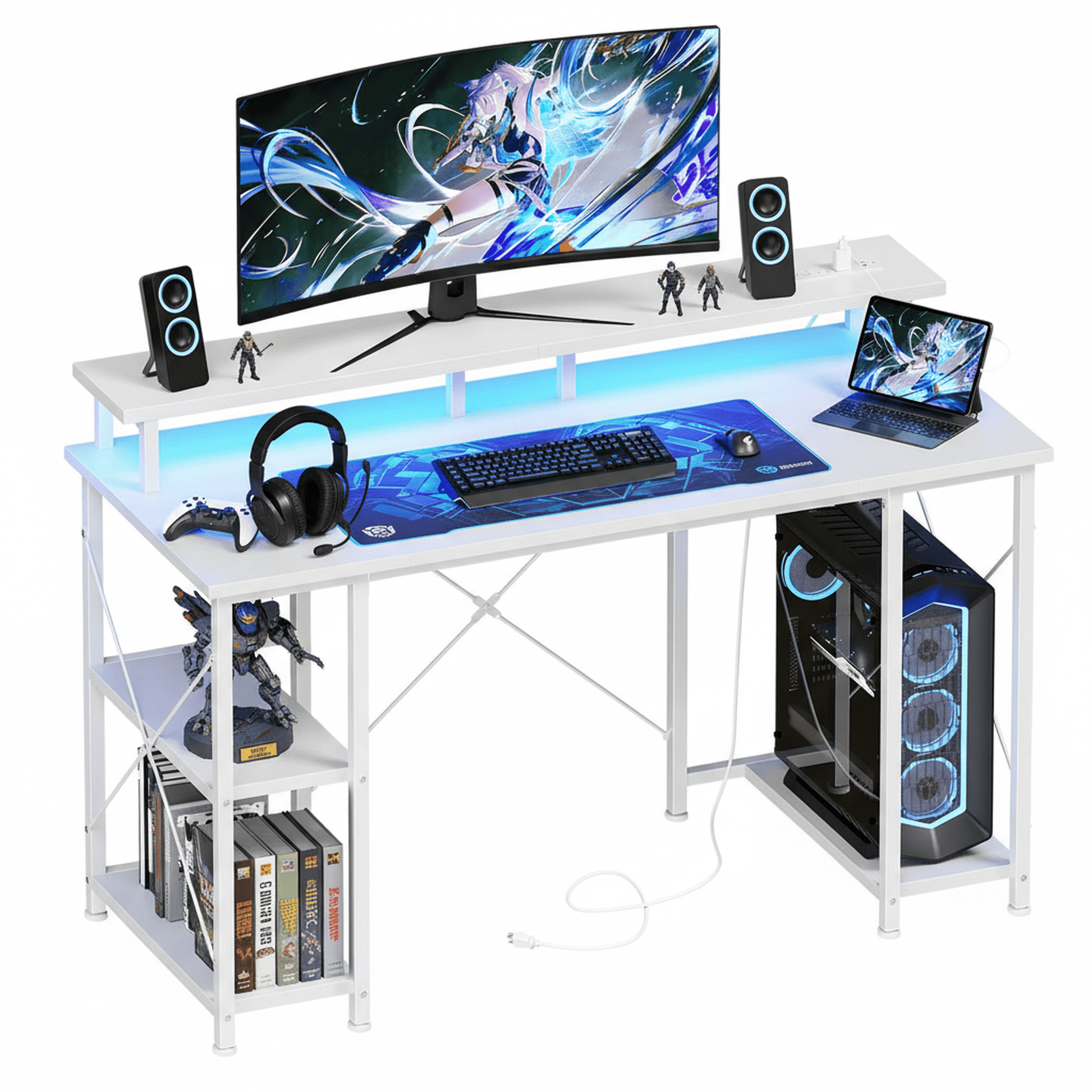 CONCETTA 48" Computer Gaming Desk with LED Light, Power Outlet, Monitor Stand, Headphone Hook, White
