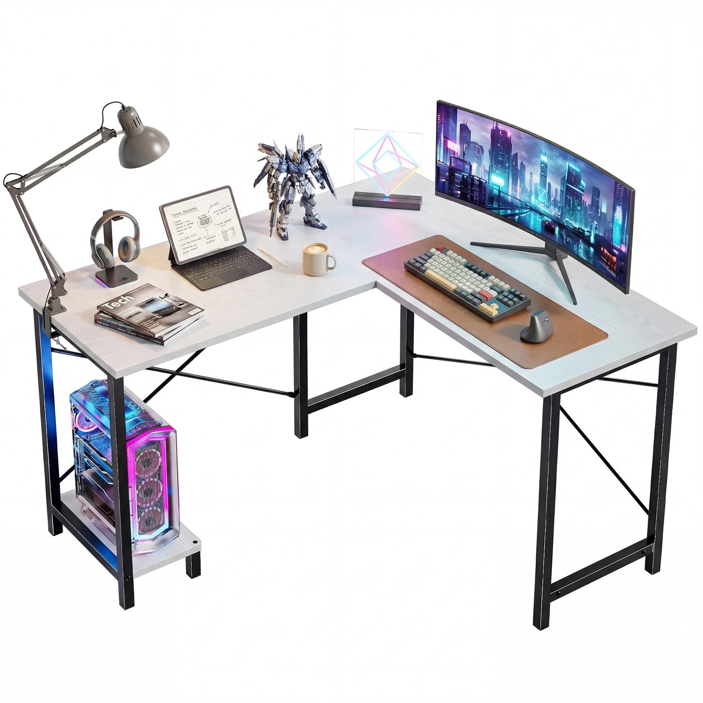 CONCETTA 49â€œ L Shaped Computer Desk with Movable CPU Stand, Corner Desk for Save Space, Home Office, White