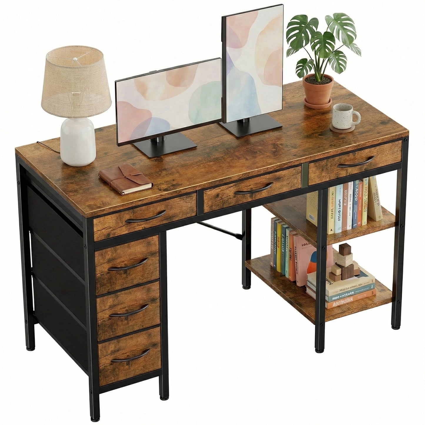 CONCETTA 55 inch Computer Desk with 6 Drawers & 2 Open Shelves, Modern Home Office Desk with Storage, Writing Study Desk for Bedroom, Workspaceï¼ŒRust