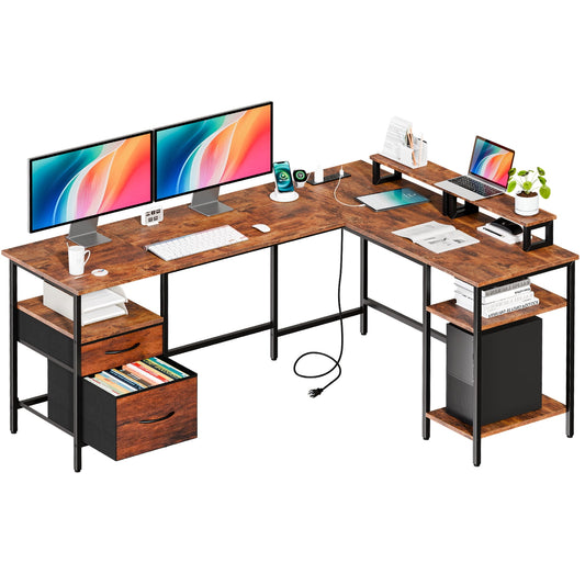 CONCETTA Modern L-Shaped Computer Desk with Power Outlet, Reversible Gaming Desk with Fabric Drawer & 2 Monitor Stands for Home Office, Rustic