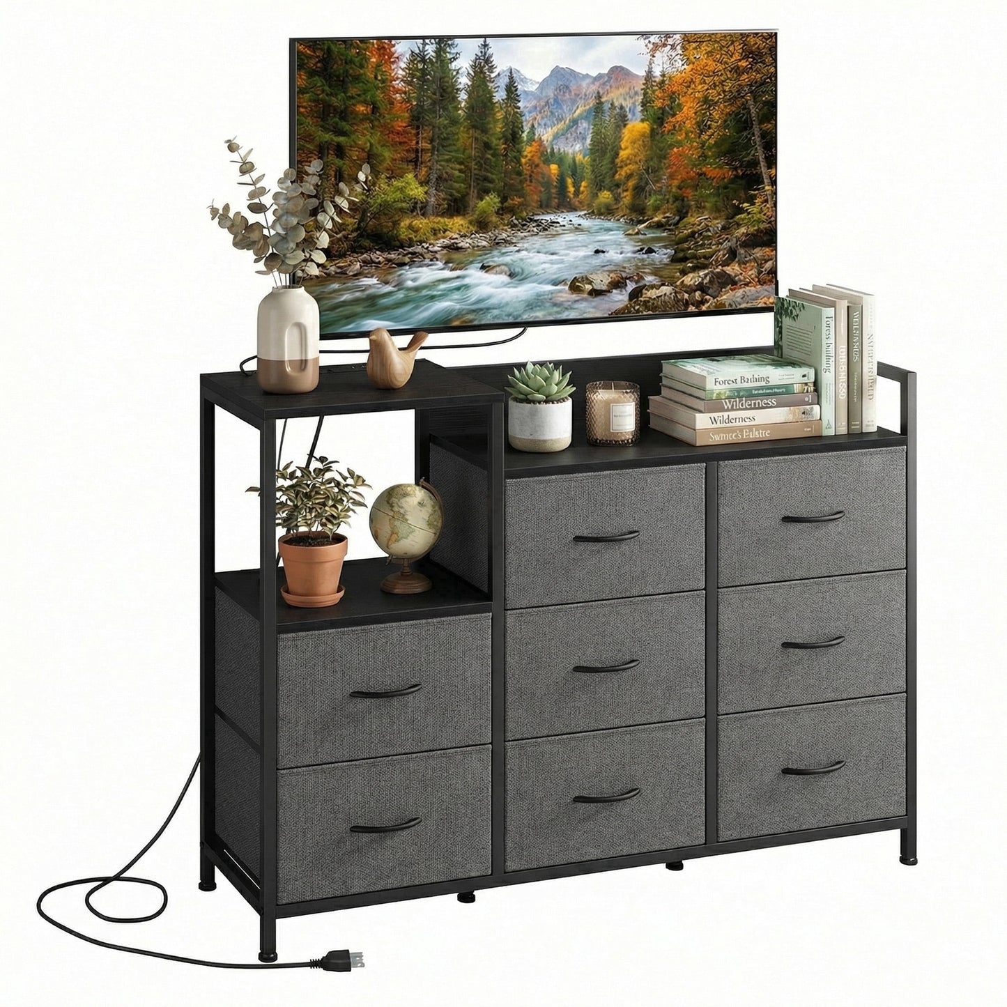 CONCETTA 8-Drawer Dresser TV Stand for Bedroom with Charging Station, Teen/Adult Fabric Storage with Open Shelves, Gray