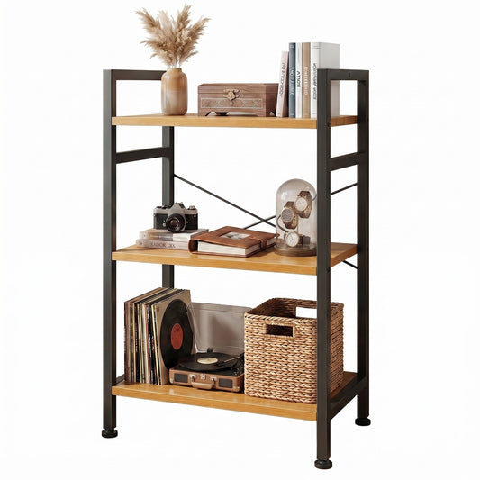 CONCETTA Bookshelf, 3-Tier Small Industrial Storage Shelf & Shelves, Metal Bookcase for Home Office, Living Room, Wood