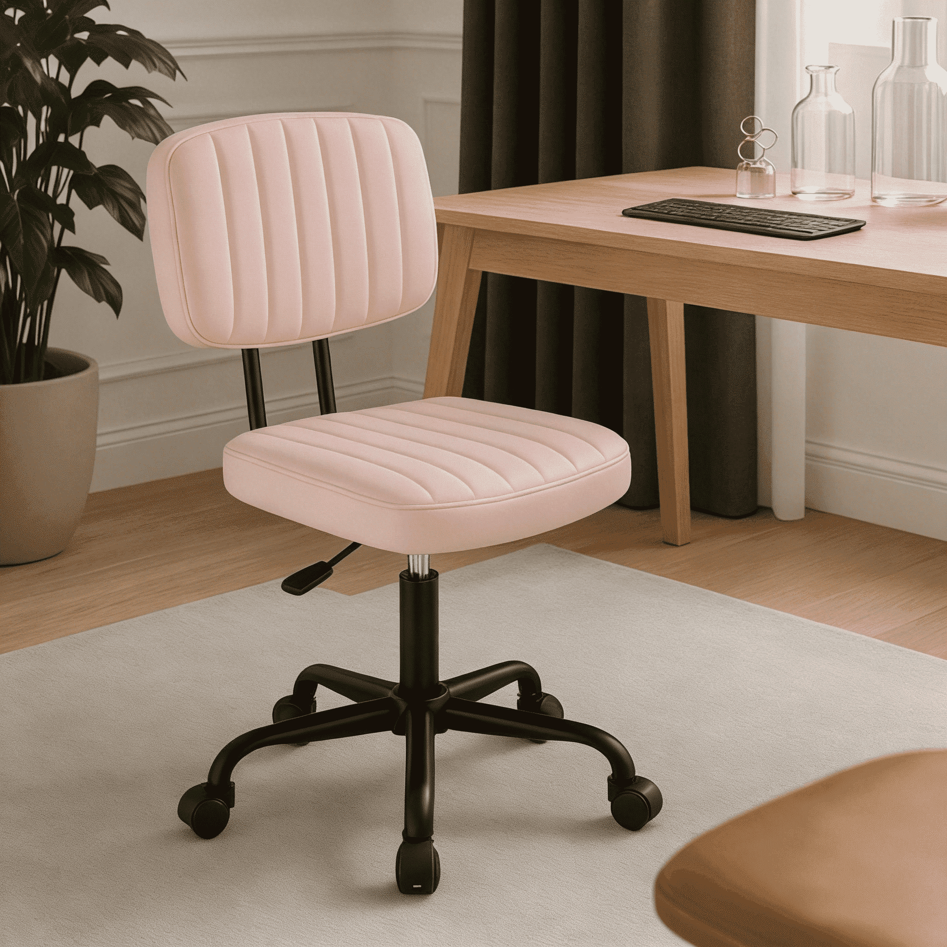 CONCETTA Ergonomic Home Office PU Leather Desk Chair, Small Space, Armless Rolling Chair for Adults, Pink
