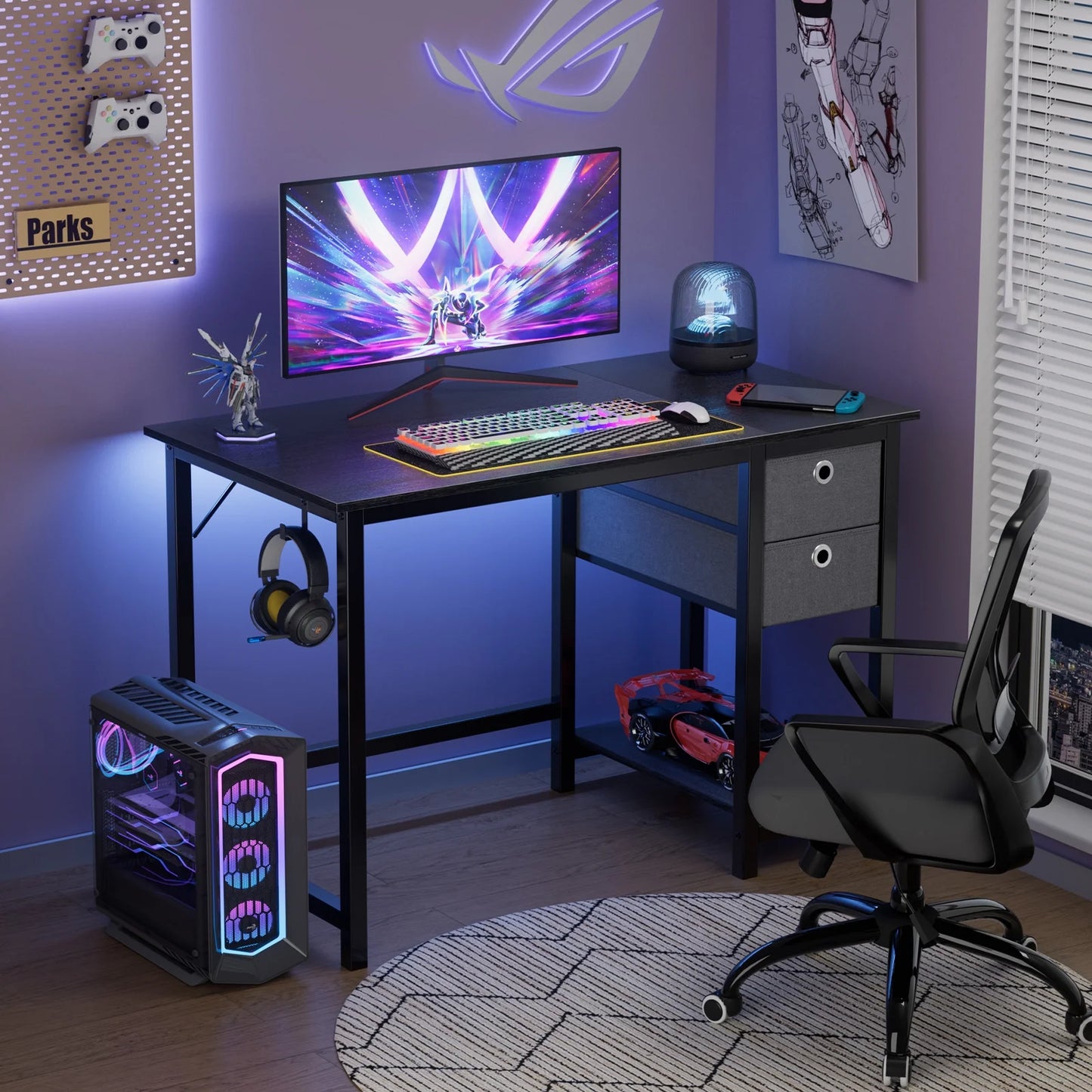 CONCETTA Home Office Desks with Storage, Reversible Study Table Vanity Desk for Small Spaces 40 Inch, Black