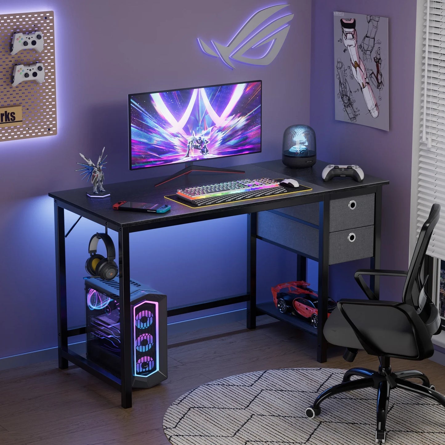 CONCETTA Reversible Home Office Desk with Storage, Compact Study and Vanity Table for Small Spaces 47 Inch, Black