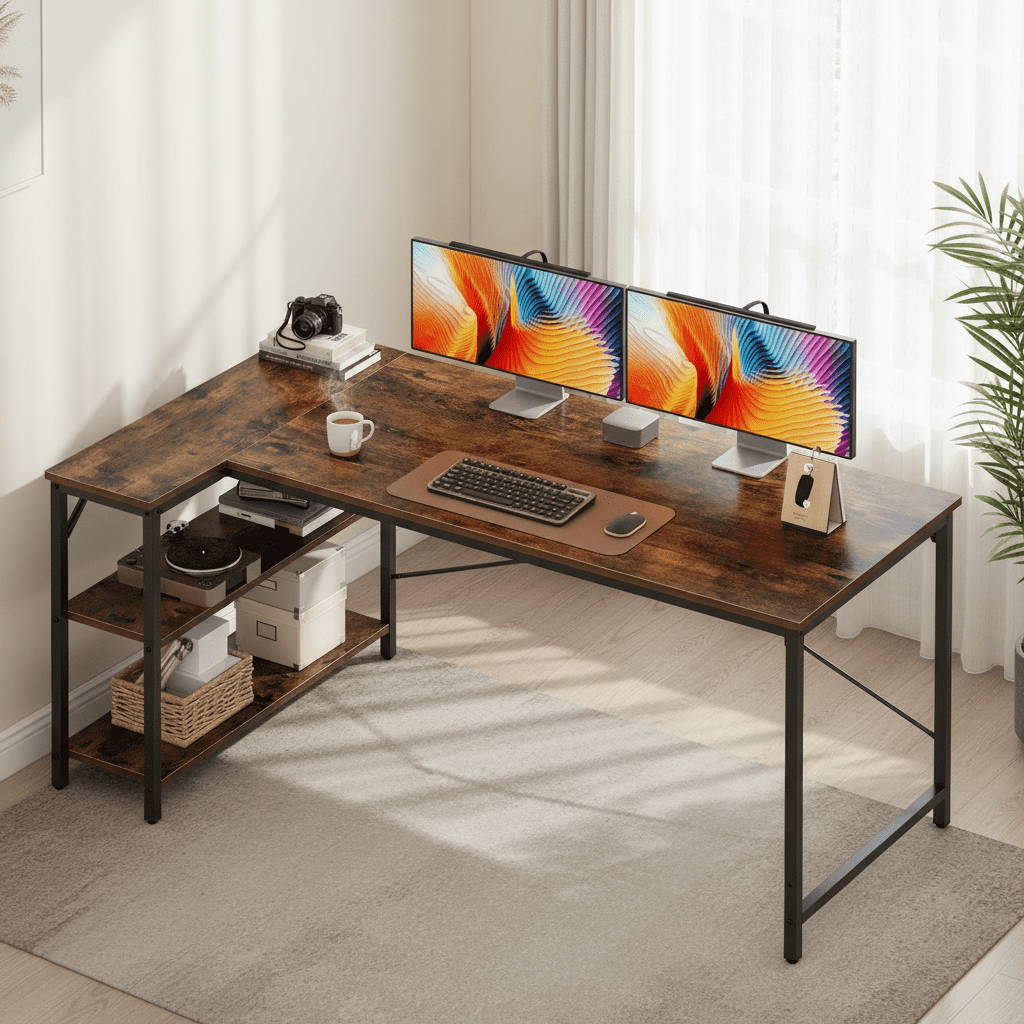 CONCETTA 47 inch L Shaped Desk with Reversible Storage Shelves, 154 lbs Capacity Computer Corner Desk for Home Office, Gaming & Writing, Rust Brown
