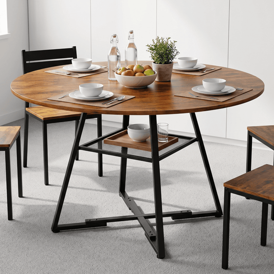 CONCETTA 47 Inch Round Dining Table for 4-6, Farmhouse Kitchen & Dining Room Table with Dual-Tier Storage Shelf, Heavy-Duty Pedestal Metal Frame, Space-Saving Circular Table for Apartment, Rust