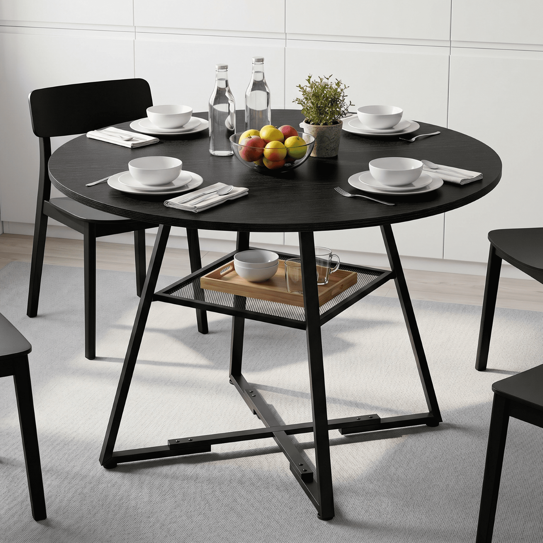 CONCETTA 42 Inch Round Dining Table for 4-6, Farmhouse Kitchen & Dining Room Table with Dual-Tier Storage Shelf, Heavy-Duty Pedestal Metal Frame, Space-Saving Circular Table for Apartment, Black