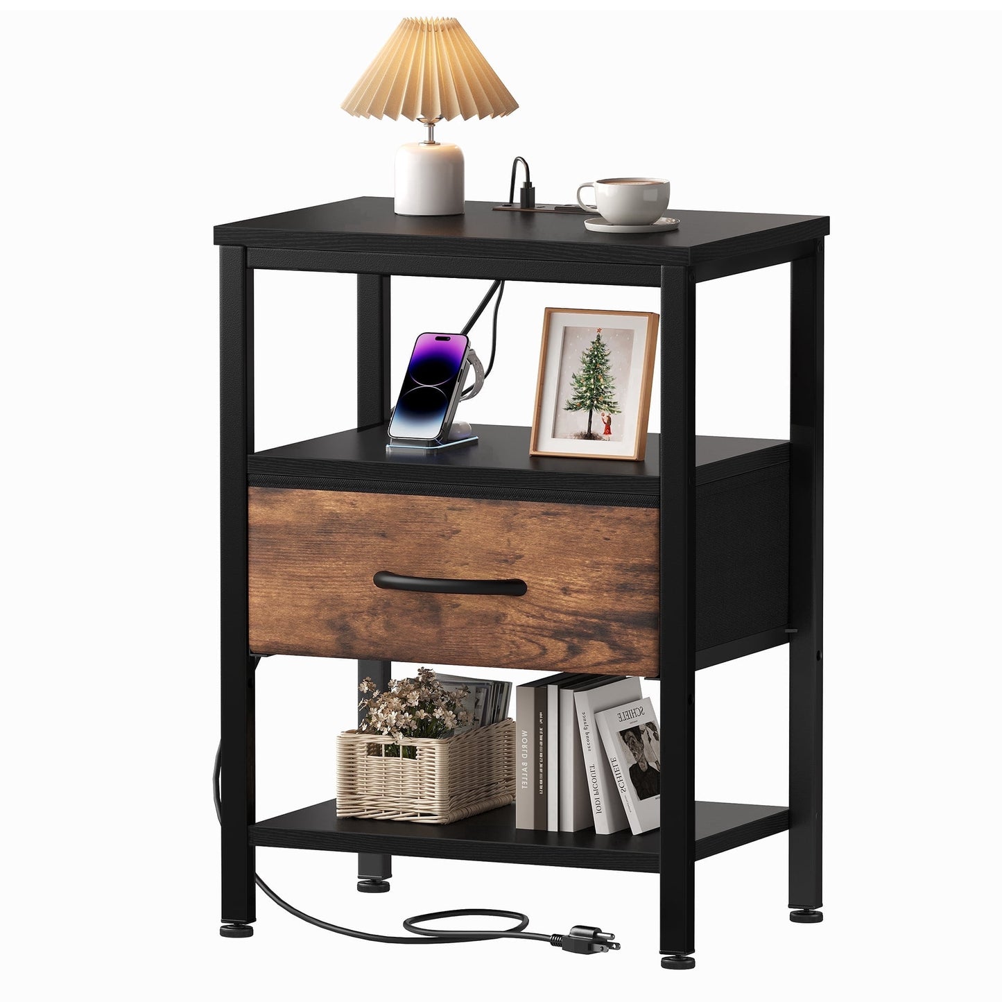 CONCETTA Small Night Stand with Charging Station, 1 Fabric Drawer, USB Ports and Outlets, Open Storage Shelf Bedside End Table for Bedroom, Black Brown