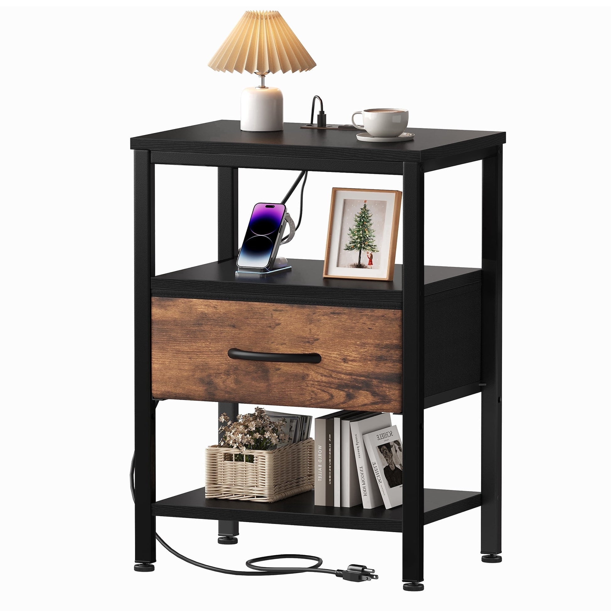 CONCETTA Small Night Stand with Charging Station, 1 Fabric Drawer, USB Ports and Outlets, Open Storage Shelf Bedside End Table for Bedroom, Black Brown