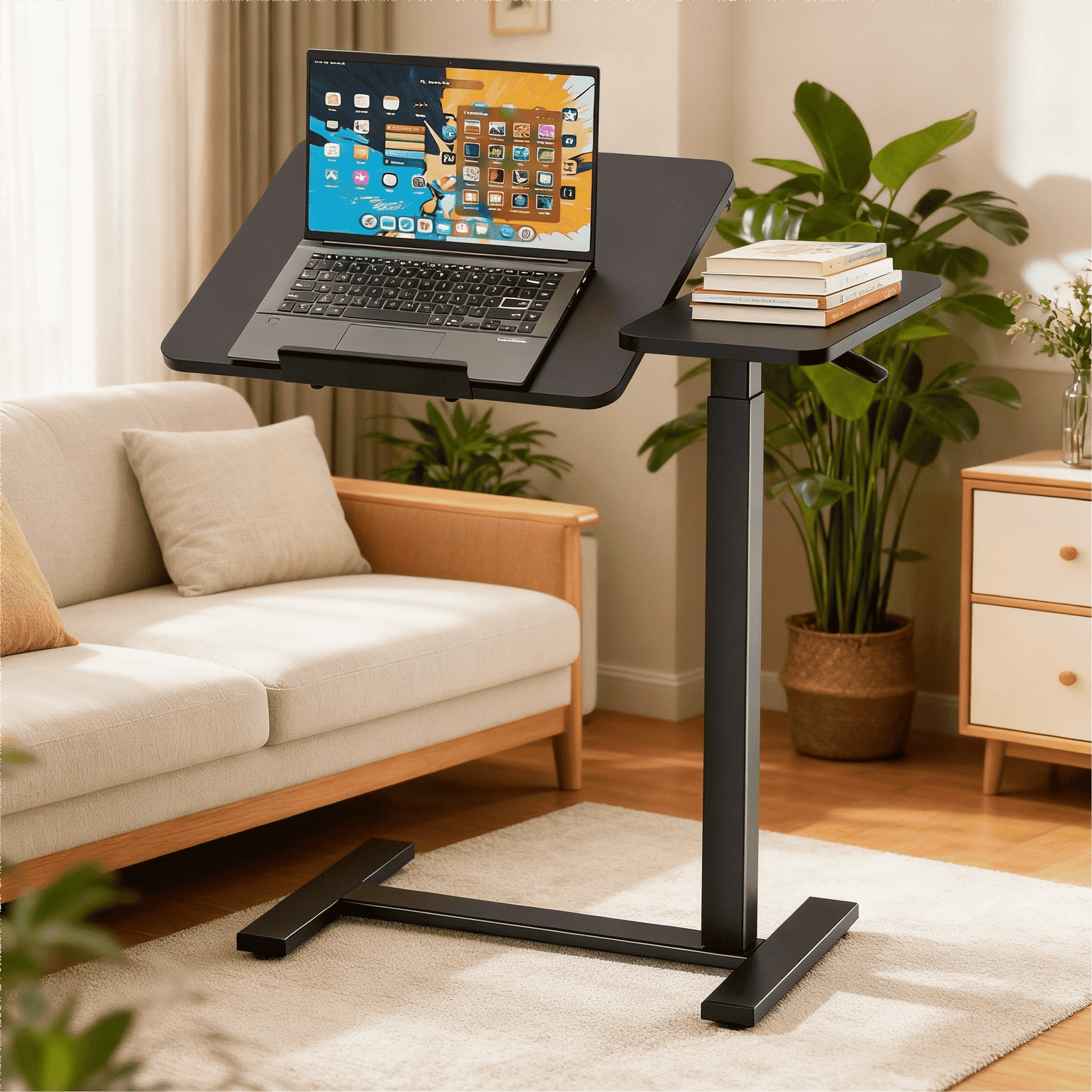 CONCETTA Overbed Table with Wheels Mobile Standing Desk, Adjustable height, Single-Sided Flip, Saves Space for Hospital, Home, Black