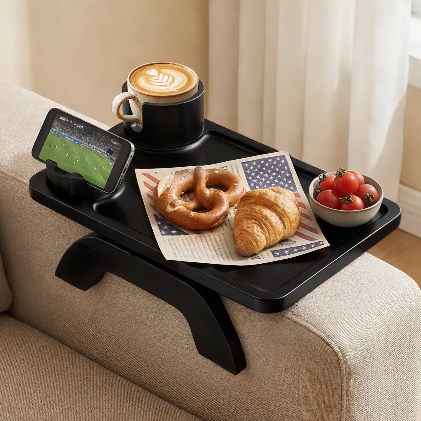 CONCETTA 3-in-1 Sofa Arm Tray Table with Swivel Cup Holder & Phone Stand, Clip-on Couch Organizer for Home Living Room, Black