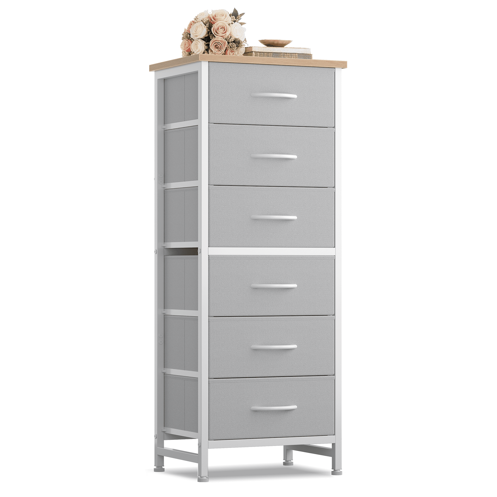 CONCETTA Tall Storage Dresser with 6 Fabric Drawers, Metal Frame with Cross Support Rods, Anti-Tip, Wood Top for Bedrooms, Offices and Compact Spaces, Light Gray