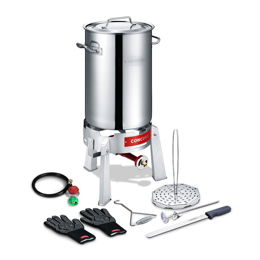 CONCORD Heavy Duty Stainless Steel Deluxe Turkey Fryer Kit with Titan Burner, Rack, Slicer, Hook, Thermometer, and Heat Proof Gloves