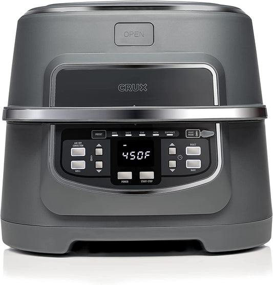 CRUX Smokeless Indoor Grill and Digital Air Fryer Oven Combo with Adjustable Temperature and 5 Preset Functions, Large 12" x 12" Grate and 5.8 Qt Basket, Matte Gray