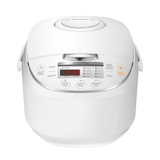 CUCHEN CRM-G0601WUS | Micom Rice Cooker 6 Cup (Uncooked) and Warmer | Direct Touch control | Nonstick Inner Pot | Delay Timer | White