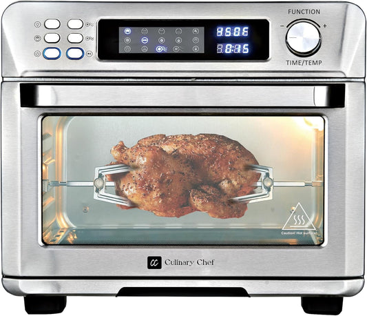 CULINARY CHEF Air Fryer Oven, Digital, 26 Quart 10-in-1 Countertop Toaster Oven & Air Fryer Combo - Grill, Rotisserie, Dehydrator, Pizza Oven, & More, Stainless Steel