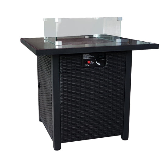 CYTROP 28in Propane Fire Pit Table, Outdoor Wicker Patio Gas Fire Pit Table with Glass Wind Guard, Steel Tabletop, Glass Rocks, Tank Storage, Firepit for Outside, Patio, Garden, Yard,Black