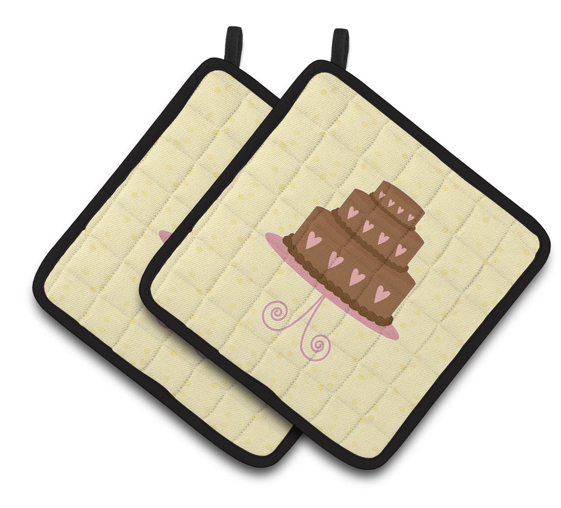 Caroline's Treasures 3 Tier Heart Chocolate Cake on Yellow Pair of Pot Holders