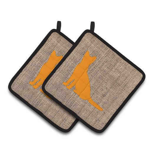 Caroline's Treasures BB1071-BL-OR-PTHD Cat Faux Burlap and Orange Pair of Pot Holders , 7.5HX7.5W, multicolor